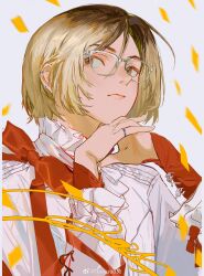 Rule 34 | 1boy, absurdres, blonde hair, brown hair, closed mouth, crossed hands, dress shirt, ear piercing, glasses, haikyuu!!, hair between eyes, highres, jewelry, kozume kenma, looking to the side, male focus, medium hair, multicolored hair, nose, parted bangs, piercing, portrait, ring, shirt, solo, tuuuuuututu, two-tone hair, watermark, weibo username, weibo watermark, white shirt, yellow eyes