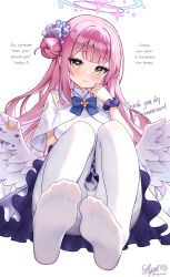 1girl absurdres alternate_language blue_archive blue_bow blue_bowtie blunt_bangs blush bow bowtie closed_mouth commentary_request commission dress english_text feathered_wings feet foot_focus fuzake_neko hair_bun halo highres invisible_chair long_hair looking_at_viewer low_wings mika_(blue_archive) no_shoes pantyhose pink_hair pink_halo signature sitting smile solo toes twitter_username very_long_hair white_background white_dress white_pantyhose white_wings wings yellow_eyes