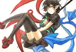 1girl asymmetrical_wings black_dress black_hair black_shorts black_thighhighs blue_wings bow closed_mouth commentary dress expressionless footwear_bow full_body highres holding holding_polearm holding_weapon houjuu_nue looking_at_viewer nme_0039 pointy_ears polearm red_bow red_eyes red_shoes red_wings shoes short_dress short_hair short_sleeves shorts simple_background snake solo symbol-only_commentary thighhighs touhou weapon white_background wings