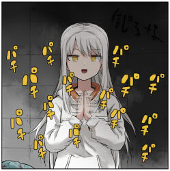 1girl :d clapping commentary_request drawstring hinami_(pageratta) hood hood_down hoodie indoors long_hair long_sleeves looking_at_viewer motion_lines open_mouth original pageratta puffy_long_sleeves puffy_sleeves smile solo speed_lines translation_request upper_body very_long_hair white_hair white_hoodie yellow_eyes