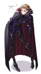 1boy ahoge bat_(animal) black_boots black_gloves black_shirt black_umbrella blonde_hair blush boots cape character_request closed_mouth commentary_request frilled_wrist_cuffs frills full_body gloves grey_cape hair_between_eyes hand_in_own_hair heterochromia high_heels highres holding holding_umbrella jacket looking_at_viewer male_focus multicolored_hair nana_tetra pale_skin pink_eyes pink_hair purple_eyes purple_jacket shirt short_hair simple_background solo tassel thighhighs thighhighs_under_boots twisted_wonderland twitter_username two-tone_hair umbrella white_background wrist_cuffs