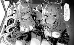 2girls blue_archive blush breasts cleavage dress dual_persona from_above greyscale kojima_saya large_breasts long_hair looking_at_viewer medium_hair monochrome multiple_girls scarf shiroko_(blue_archive) shiroko_terror_(blue_archive) speech_bubble translation_request