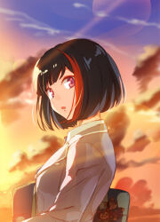 1girl bag bang_dream! black_hair dusk looking_at_viewer mitake_ran multicolored_hair multicolored_sky open_mouth red_eyes shirt short_hair shoulder_bag sky solo streaked_hair takuzui upper_body white_shirt