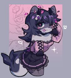 1girl ;p absurdres animal_ears barbell_piercing black_choker black_eyes black_hair black_horns black_lace_trim black_pantyhose black_trim border borrowed_character breasts buttons cat_ears choker closed_mouth cowboy_shot cropped_legs cross-laced_clothes cross-laced_sleeves doodle_inset ear_piercing fading_border fins fish_tail fishnet_pantyhose fishnets flipped_hair furry grey_background grey_fur hair_ornament hands_up heart heart_hair_ornament highres horns industrial_piercing lace_trim leaning_forward legs_together light_blush long_hair off-shoulder_shirt off_shoulder one_eye_closed original outside_border pantyhose petals piercing pink_background pink_petals pink_pupils pleated_skirt purple_skirt sashley see-through_pantyhose shark_tail shirt skirt skull_hair_ornament sleeves_past_fingers sleeves_past_wrists small_breasts small_horns smile sparkle standing tail tongue tongue_out tuti_v3 two-tone_fur x_hair_ornament zoom_layer