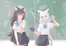 2girls ahoge alternate_costume animal_ear_fluff animal_ear_piercing animal_ears aqua_eyes black_hair black_tail blue_bow blue_bowtie bow bowtie braid chalk chalkboard chamomile_(kazumasa) classroom collared_shirt commentary_request crossed_bangs double-parted_bangs earrings extra_ears fox_ears fox_girl fox_tail fubuzilla_(shirakami_fubuki) grey_skirt highres hololive indoors jewelry long_hair low-tied_long_hair miofa_(ookami_mio) miteiru_(shirakami_fubuki) multicolored_hair multiple_girls ookami_mio oruyanke_(shirakami_fubuki) pleated_skirt red_hair school_uniform shirakami_fubuki shirt short_sleeves side_braid sidelocks single_braid single_earring skirt streaked_hair sukonbu_(shirakami_fubuki) tail tail_around_own_leg virtual_youtuber white_hair white_shirt white_tail wolf_ears wolf_girl wolf_tail