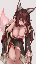 1girl animal_ear_fluff animal_ears bare_shoulders bent_over blush breasts brown_hair cleavage dress ear_ornament fox_ears fox_girl fox_tail fugue_(honkai:_star_rail) green_eyes grey_background hair_between_eyes half-closed_eye hand_up hanging_breasts highres honkai:_star_rail honkai_(series) large_breasts long_hair long_sleeves looking_at_viewer off-shoulder_dress off_shoulder one_eye_closed open_mouth outstretched_arm simple_background solo standing tail tama_(tamathersky) tingyun_(honkai:_star_rail) very_long_hair wide_sleeves