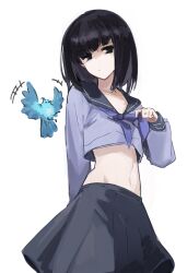+++ 1girl absurdres arm_behind_back averting_eyes bird black_eyes black_hair black_skirt blue_bird blue_sailor_collar closed_mouth collar_tug commentary cosplay english_commentary highres jonyeld kuonji_alice looking_to_the_side lost_robin_rondo mahou_tsukai_no_yoru medium_hair midriff navel sailor_collar sailor_shirt shirt simple_background skirt standing tohno_akiha toono_akiha_(cosplay) tsukihime tsukihime_(remake) white_background