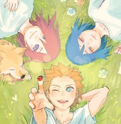 1girl 2boys aged_down blue_hair dog konan_(naruto) lying meitarou multiple_boys nagato_(naruto) naruto_(series) naruto_shippuuden on_back one_eye_closed orange_eyes orange_hair red_hair rinnegan shirt short_hair smile yahiko_(naruto)