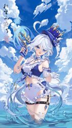 1girl :d absurdres ahoge alternate_costume artist_name asymmetrical_gloves bad_source bare_shoulders bikini blue_eyes blue_hair blue_sky bow breasts cleavage cloud cloudy_sky drop-shaped_pupils frills furina_(genshin_impact) genshin_impact gloves gun hat heterochromia highres holding holding_weapon large_breasts long_hair looking_at_viewer multicolored_hair navel ocean one-piece_swimsuit open_mouth outdoors sky smile solo streaked_hair swimsuit symbol-shaped_pupils thigh_strap thighs top_hat very_long_hair wading water water_drop water_gun weapon white_gloves white_hair