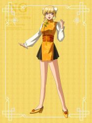 1girl :d absurdres alternate_costume black_skirt blonde_hair bun_cover cagalli_yula_athha commentary double_bun full_body gundam gundam_seed gundam_seed_destiny hair_bun highres long_sleeves miniskirt obi open_mouth orange_eyes pleated_skirt sash shoes short_hair skirt smile solo white_sleeves yellow_background yellow_shoes yukiichigo216