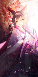 1girl absurdres animal_ear_fluff animal_ears black_hair blue_archive floral_print floral_print_kimono flower fox_ears fox_girl hair_flower hair_ornament hairband hayate_(1034853996) highres holding holding_umbrella japanese_clothes kimono long_hair looking_at_viewer obi official_alternate_costume parted_lips pink_flower print_kimono purple_kimono purple_sash sash sidelocks solo umbrella wakamo_(blue_archive) white_hairband yellow_eyes