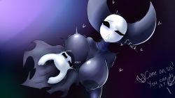1boy 1girl absurdres black_cape black_skin breast_sucking breasts cape colored_skin darky english_text grabbing_another&#039;s_breast groping highres hollow_knight inverted_nipples knight_(hollow_knight) large_breasts looking_at_viewer mantis_lord_(hollow_knight) open_mouth size_difference