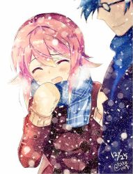 1boy 1girl bad_id bad_twitter_id black-framed_eyewear blue_hair blue_scarf blush brown_coat chaos;child closed_eyes coat dated glasses gloves hair_between_eyes long_sleeves mittens miyashiro_takuru onoe_serika open_mouth outdoors pink_hair rotte_(1109) scarf short_hair_with_long_locks sidelocks signature simple_background snowing white_background white_gloves