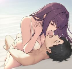1boy 1girl beach bikini black_hair breasts cleavage closed_eyes couple dynamitenatalia fate/grand_order fate_(series) french_kiss fujimaru_ritsuka_(male) girl_on_top hetero highres kiss kiss_focus large_breasts long_hair lying on_back outdoors purple_hair red_eyes saliva scathach_(fate) short_hair swimsuit type-moon white_bikini