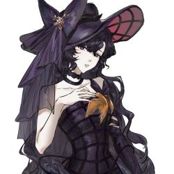 1girl black_bow black_choker black_dress black_hair black_hat bow choker dress hair_bow hand_up hat isolde_(reverse:1999) official_alternate_costume parted_lips purple_eyes reverse:1999 single_bare_arm single_bare_shoulder single_sleeve solo upper_body white_background z._(emotional93615)