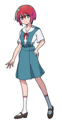 1girl amate_yuzuriha blue_dress brown_shoes crossover dress full_body genre_connection gundam gundam_gquuuuuux highres looking_at_viewer mary_janes neon_genesis_evangelion pinafore_dress red_hair sashimi_(sasihmi) school_uniform shoes short_hair simple_background sleeveless sleeveless_dress socks solo standing tokyo-3_middle_school_uniform white_background white_socks