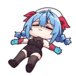 1girl alpha_transparency black_leotard black_shoes black_thighhighs blue_gloves blue_hair braid chibi closed_eyes closed_mouth colphne_(girls&#039;_frontline_2) colphne_(silent_heart)_(girls&#039;_frontline_2) commentary english_commentary girls&#039;_frontline girls&#039;_frontline_2:_exilium gloves hat leotard lying medium_hair nurse_cap on_back rishe_(reeeeshe) shoes simple_background solo thighhighs twin_braids