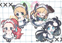 4girls ;d @_@ absurdly_long_hair ahoge animal_ear_headphones animal_ears apron aqua_bow aqua_bowtie aqua_eyes aqua_halo aqua_ribbon aris_(blue_archive) aris_(maid)_(blue_archive) arm_up back_bow ball_hands black_dress black_eyes black_hair black_outline black_shoes black_tail black_wrist_cuffs blonde_hair blue_archive blue_bow blunt_bangs blush_stickers bow bowtie bright_pupils broom cat_ear_headphones cat_ears cat_tail chibi chibi_only closed_mouth collared_dress commentary contrast_collar dress eyes_visible_through_hair fake_animal_ears fake_tail floating_hair forehead frilled_apron frilled_dress frills full_body furrowed_brow game_development_department_(blue_archive) gradient_hair green_eyes green_halo grid_background hair_bow hair_ribbon hairband halo hands_up headphones heart holding holding_broom jam-drawer long_hair long_sidelocks long_sleeves looking_at_viewer maid maid_apron maid_headdress mary_janes medium_hair midori_(blue_archive) midori_(maid)_(blue_archive) momoi_(blue_archive) momoi_(maid)_(blue_archive) multicolored_hair multiple_girls neck_ribbon nervous no_fingers official_alternate_costume official_alternate_hairstyle one_eye_closed open_mouth orange_hair outline own_hands_together pantyhose parted_bangs pink_eyes pink_halo ponytail power_symbol puffy_long_sleeves puffy_short_sleeves puffy_sleeves rectangular_halo red_bow ribbon shoes short_sleeves short_twintails siblings sidelocks simple_background sisters smile sweatdrop tail teeth twins twintails upper_teeth_only v-shaped_eyebrows very_long_hair virtual_pet_(toy) wavy_mouth white_apron white_background white_bow white_headdress white_pantyhose wrist_cuffs x yellow_halo yuzu_(blue_archive) yuzu_(maid)_(blue_archive)