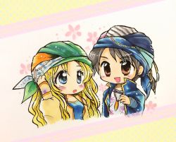 1boy 1girl bandana blonde_hair blue_jacket blue_shirt celes_chere couple earrings final_fantasy final_fantasy_vi gold_trim jacket jewelry locke_cole parted_bangs puffy_sleeves shirt square_enix stud_earrings yellow_jacket yuunagi_ryuuka