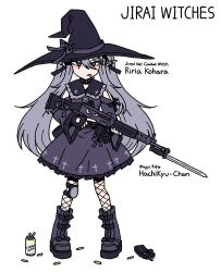 Rule 34 | 1girl, assault rifle, battle rifle, bayonet, beer can, boots, can, choker, cigarette, dress, drink can, elf, fishnet pantyhose, fishnets, gloves, gothic lolita, gun, hair ornament, howa type 89, karepack, knee pads, lolita fashion, long hair, magazine (weapon), magical girl, original, pantyhose, pointy ears, purple boots, purple dress, purple hair, rifle, skirt, twintails, weapon, white background