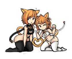 animal_ears bell black_collar black_thighhighs cat cat_ears cat_girl cat_lingerie cat_tail collar fire_emblem fire_emblem:_path_of_radiance fire_emblem:_radiant_dawn highres kneeling laguz_(fire_emblem) lethe_(fire_emblem) lyre_(fire_emblem) meme_attire messy_hair neck_bell nintendo one_eye_closed orange_hair orange_tail paw_pose purple_eyes siblings sisters tail thighhighs twins white_background white_collar white_thighhighs zanamaoria