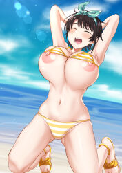 1girl armpits arms_up beach bikini blue_sky blush breasts brown_hair highres hololive ijima_yuu large_breasts navel nipples oozora_subaru open_mouth shore short_hair sky solo swept_bangs swimsuit thighs virtual_youtuber