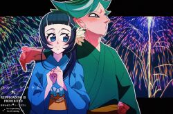 Rule 34 | 1boy, 1girl, am susk, aokaze nana, artist name, blue eyes, blue hair, blue kimono, blunt bangs, blush, center frills, closed mouth, collarbone, colored skin, couple, earrings, embarrassed, eyeliner, facing another, facing away, facing to the side, festival, fireworks, flower, frills, gradient hair, green hair, green kimono, hair flower, hair ornament, hairpin, half up bun, hand on another&#039;s shoulder, hand on own hip, japanese clothes, jewelry, kimi to idol precure, kimono, long hair, looking to the side, makeup, mature male, multicolored hair, neck, neon lights, parted bangs, pearl clan outfit, precure, red skin, short hair, summer, summer festival, twitter username, watermark, yukata, zakkuri (precure)