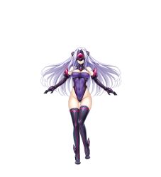 Rule 34 | 1girl, amakubo kaede, bare shoulders, black gloves, black thighhighs, boots, breasts, cleavage, closed mouth, covered navel, elbow gloves, expressionless, full body, game cg, gloves, gluteal fold, head-mounted display, headgear, high heels, highleg, highres, inoino, kouyoku senki exs-tia, large breasts, large variant set, leotard, long hair, non-web source, official art, purple leotard, rextia, skindentation, smile, solo, standing, tachi-e, thigh boots, thigh gap, thighhighs, thighs, transparent background, variant set, very long hair, white hair