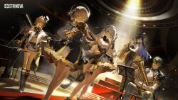 1boy 4girls ;d absurdres bai_mo_(strinova) bare_shoulders beret black_skirt boots brown_hair capelet commentary crop_top detached_sleeves dress dutch_angle english_commentary flute glasses grey_dress grey_eyes hat highres holding holding_flute holding_instrument instrument kanami_(strinova) knee_boots kokona_(strinova) lawine_(strinova) long_hair long_sleeves looking_at_viewer maddelena_(strinova) midriff miniskirt multicolored_hair multiple_girls navel official_art one_eye_closed open_mouth purple_hair shirt short_hair skirt sleeveless sleeveless_shirt smile stomach streaked_hair strinova thigh_strap thighs top_hat trumpet violin white_capelet white_hair white_shirt