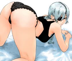 1girl all_fours armpits ass bed_sheet black_bra black_panties bra breasts chainsaw_man commentary eyepatch feet_out_of_frame grey_hair hanging_breasts highres isuke_(isuke_now) lace lace_panties looking_at_viewer looking_to_the_side medium_breasts panties ponytail quanxi_(chainsaw_man) solo underboob underwear underwear_only