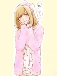 Rule 34 | 1boy, blonde hair, blush, bow, cardigan, crossdressing, crossdressing (mtf), dress, frilled dress, frills, grey eyes, hair bow, hairband, hands on own cheeks, hands on own face, head tilt, heart, heart print, highres, male focus, medium hair, original, seira (yuki touko), smile, solo, spaghetti strap, speech bubble, trap, yuki touko