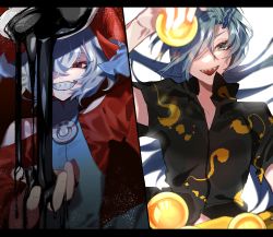 2girls black_shirt blue_dress blue_ribbon collared_shirt commission dress fuuga_(perv_rsity) grey_eyes grey_hair grin hair_between_eyes hair_over_one_eye highres himemushi_momoyo horn_ornament horn_ribbon horns long_hair multiple_girls oil oversized_object pixiv_commission red_eyes red_horns red_sleeves ribbon sharp_teeth sheep_horns shirt short_hair short_sleeves smile spork teeth touhou toutetsu_yuuma white_hair