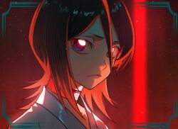 Rule 34 | 1girl, black background, black hair, bleach, blue eyes, choker, energy beam, hair between eyes, japanese clothes, kimono, kuchiki rukia, looking at viewer, n (nauki 11), red background, red choker, red light, short hair, sidelocks, solo, star (sky), two-tone background, white kimono