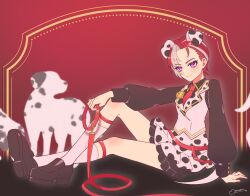 1girl androgynous animal_ears arm_support black_shirt brown_shoes closed_mouth collar collared_shirt dalmatian dalmatian_print dog dog_ears fake_animal_ears full_body gradient_background grey_hair grey_skirt grey_vest highres holding holding_collar kneehighs leash loafers long_sleeves looking_at_viewer momokan_(mmkn100) multicolored_hair necktie pretty_series puffy_long_sleeves puffy_sleeves purple_eyes red_background red_hair red_necktie shirt shoes sitting skirt smile socks solo streaked_hair sumeragi_amane sumeragi_amane_(pretty_series) sumeragi_amane_(pretty_series)_(primagista) vest waccha_primagi!