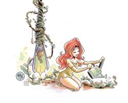 2girls artist_name barbara_gordon batgirl boots bound cape closed_eyes closed_mouth dated dc_comics elbow_gloves gloves green_boots green_gloves highres holding holding_watering_can long_hair mikemaihack multiple_girls orange_hair plant poison_ivy red_hair simple_background sitting superhero_costume tied_up_(nonsexual) unamused upside-down vines watering_can white_background