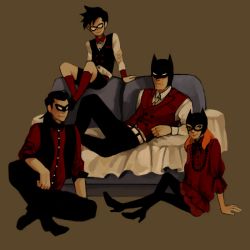 1girl 3boys alternate_costume barbara_gordon batgirl batman batman_(series) black_hair black_legwear blue_upholstery brothers bruce_wayne couch dc_comics dcau dick_grayson domino_mask family father_and_son formal_clothes mana_(pixiv) mask multiple_boys nightwing orange_hair red_shirt robin_(dc) shirt siblings sitting tim_drake vest waistcoat