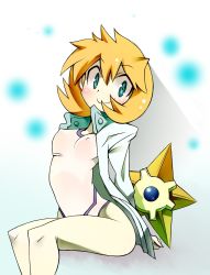 00s 1girl alternate_color arched_back bad_id bad_pixiv_id blush breasts covered_erect_nipples gen_1_pokemon givuchoko green_eyes gym_leader highres looking_at_viewer misty_(pokemon) nintendo one-piece_swimsuit orange_hair pokemon pokemon_(creature) pokemon_hgss revision shiny_pokemon short_hair sitting small_breasts smile staryu swimsuit