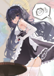 1girl absurdres alternate_costume black_dress black_hair blue_archive blurry breasts commentary cowboy_shot depth_of_field doodle_sensei_(blue_archive) dress elbow_gloves from_behind garter_straps gggggg gloves halo heart heart_hands highres long_hair looking_at_another looking_at_viewer low_twintails maid maid_headdress open_mouth purple_eyes sensei_(blue_archive) small_breasts solo spoken_character table thighhighs twintails ui_(blue_archive) white_gloves white_thighhighs yellow_halo