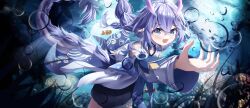1girl absurdres bailu_(honkai:_star_rail) blush bubble chinese_clothes clownfish detached_sleeves dragon_girl dragon_horns dragon_tail eastern_dragon_horns eastern_dragon_tail fish green_eyes hair_between_eyes highres honkai:_star_rail honkai_(series) horns open_mouth pointy_ears purple_hair shi3 smile solo tail underwater