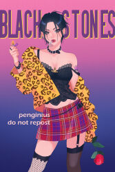 1girl black_eyeshadow black_hair choker cigarette cowboy_shot earrings eyeshadow fishnet_thighhighs fishnets flower garter_straps gradient_background highres holding holding_flower holding_lighter jewelry lighter makeup nana_(series) osaki_nana pendant penginius red_flower red_rose ring rose short_hair single_garter_strap skirt solo thighhighs