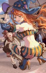 ardora ass asymmetrical_bangs back bag beatrix_(granblue_fantasy) beatrix_(halloween)_(granblue_fantasy) bra brown_hair butt_crack cow_horns crying detached_collar detached_sleeves dimples_of_venus draph gloves granblue_fantasy halloween halloween_costume hat highres horns long_hair looking_back open_mouth orange_bra plpiromkul pointy_ears shorts squatting striped_bra striped_clothes striped_shorts striped_thighhighs thighhighs underwear vertical-striped_bra vertical-striped_clothes vertical-striped_shorts witch_hat