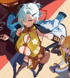 2girls alternate_costume animal_ear_fluff animal_ears breasts bridal_gauntlets china_dress chinese_clothes cleavage cleavage_cutout clothing_cutout detached_sleeves dress fingerless_gloves from_above gloves hair_ornament hair_stick hand_on_own_hip high_heels highres hintobento huge_breasts jacket jacket_on_shoulders ju_fufu mole mole_on_breast multiple_girls open_mouth salute skindentation striped_fur tail thighhighs tiger_ears tiger_girl tiger_tail tile_floor tiles white_hair yellow_eyes yellow_jacket yin_yang_pin yixuan_(zenless_zone_zero) zenless_zone_zero