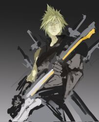 Rule 34 | 1boy, aqua eyes, black gloves, black vest, blonde hair, chest sarashi, cloud strife, final fantasy, final fantasy vii, final fantasy vii advent children, fusion swords, gloves, gradient background, gx8439440115311, hair between eyes, highres, holding, holding sword, holding weapon, male focus, popped collar, sarashi, short hair, sketch, solo, spiked hair, sword, vest, weapon