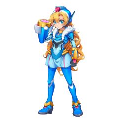 1girl absurdres alternate_costume arm_cannon armor armored_boots armored_gloves blonde_hair blue_eyes body_armor bodystocking boots breasts chest_jewel commission commissioner_upload covered_navel crossover elbow_gloves eyelashes forehead_jewel full_body fur_trim gauntlets gloves highres ib_(kouri) kiauwrenn long_bangs long_hair mary_(ib) mechanical_ears mega_man_(series) mega_man_zx model_x_(mega_man) non-web_source petite shoulder_armor skirt small_breasts thigh_boots transparent_background wavy_hair weapon