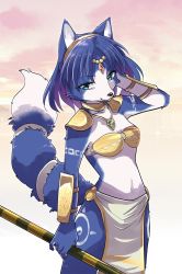 1girl :3 animal_ear_fluff animal_ears animal_nose aqua_eyes arm_behind_head arm_tattoo arm_up armor bad_id bad_pixiv_id bandeau blue_eyes blue_fur blue_hair body_fur breasts choker circlet closed_mouth cloud collarbone commentary_request cowboy_shot crystal female_focus fox_ears fox_girl fox_tail furry furry_female gem glint gold gradient_background green_gemstone hairband happy highres holding holding_polearm holding_spear holding_weapon jewelry krystal leg_tattoo loincloth looking_at_viewer medium_breasts namagaki_yukina navel necklace nintendo orange_sky outdoors pelvic_curtain pinky_out polearm red_gemstone revision short_hair shoulder_armor sky smile snout solo spear standing star_fox star_fox_adventures stomach sunset tail tail_ornament tail_ring tattoo tribal two-tone_fur vambraces weapon white_fur yellow_choker yellow_hairband