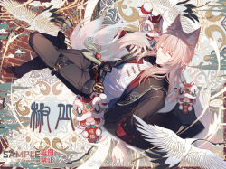 Rule 34 | 1boy, animal ear fluff, animal ears, aqueasirius, artist name, belt, bird, black coat, black pants, chinese commentary, closed eyes, coat, commentary request, crane (animal), crossed legs, diting (honkai: star rail), facing viewer, fox boy, fox ears, fox tail, gold trim, honkai: star rail, honkai (series), jiaoqiu (honkai: star rail), long hair, male focus, pants, patterned background, pink hair, sample watermark, shirt, solo, tail, thigh strap, watermark, weibo watermark, white shirt