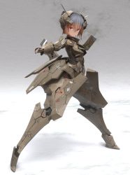 1girl 3d camouflage gradient_hair grey_hair highres looking_at_viewer mecha_musume multicolored_hair open_hand original red_eyes short_hair solo standing tom-neko_(zamudo_akiyuki)