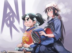 1boy 1girl akadou_suzunosuke black_eyes black_hair blush bougu character_request hachimaki hair_tie headband isedaichi_ken kendo kendo_mask kneeling original purple_background simple_background sweat