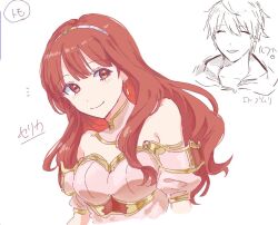 1boy 1girl armor breastplate breasts celica_(fire_emblem) choker earrings fire_emblem fire_emblem_awakening fire_emblem_echoes:_shadows_of_valentia jewelry long_hair male_robin_(fire_emblem) medium_breasts nintendo princess red_eyes red_hair smile solo_focus tiara tomo_shirasu white_armor