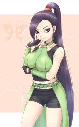 1girl 40cabbage asymmetrical_bangs belt black_shorts black_tank_top breasts cowboy_shot dragon_quest dragon_quest_xi eyelashes fingerless_gloves gloves green_belt high_ponytail large_breasts long_hair looking_at_viewer martina_(dq11) midriff o-ring o-ring_top ponytail shorts solo tank_top very_long_hair